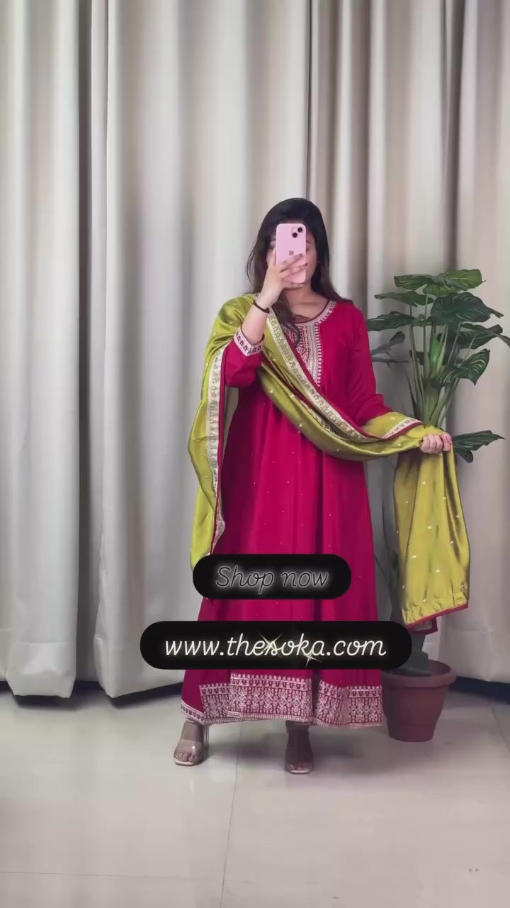 Soft Pink Lavender Embroidered Anarkali Suit Set with Pants and Dupatta