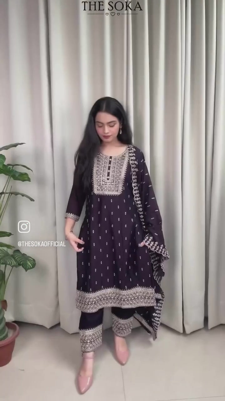 Dark Chocolate Brown Embroidered Kurta Set with Pants and Dupatta