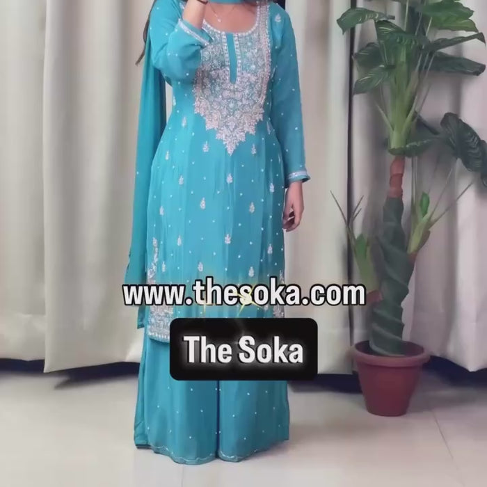 Pure Chinon Teal Blue Embroidered Palazzo Suit with Dupatta
