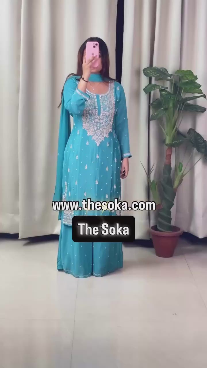 Pure Chinon Teal Blue Embroidered Palazzo Suit with Dupatta
