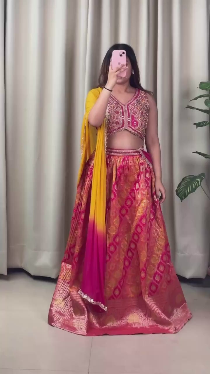 pink blouse and orange skirt lehenga set