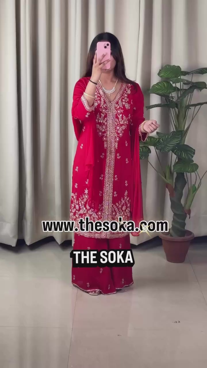 Pure Chinon Red Embroidered Kurta Set with Handmade Detailing