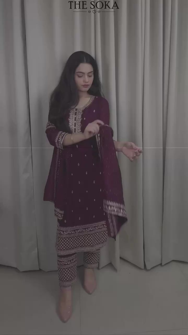 Dark purple Shade Embroidered Kurta Set with Pants and Dupatta
