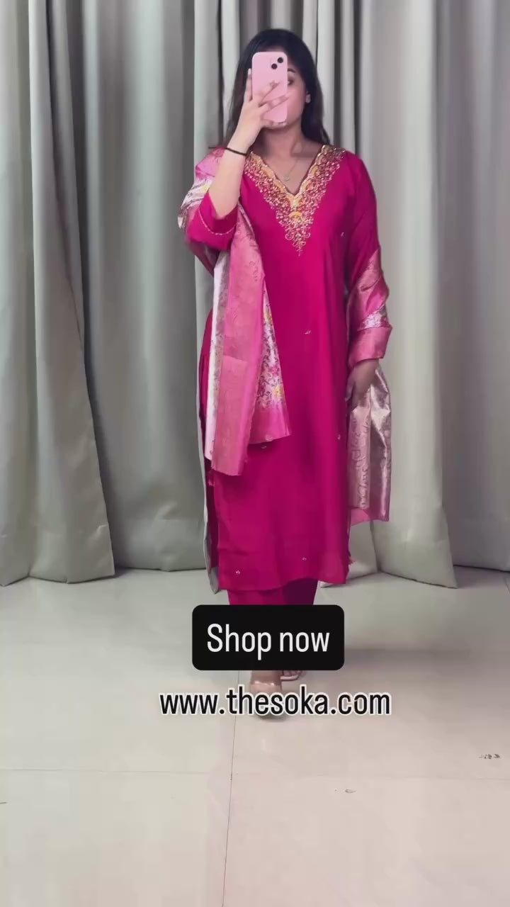 Magenta Embroidered Kurta Set with Pant and Floral Print Dupatta