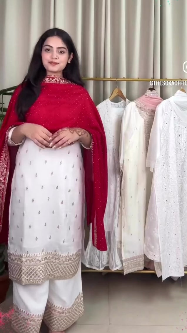 Premium Silk Golden White Embroidered Peplum Kurta Set with  Pants and Dupatta