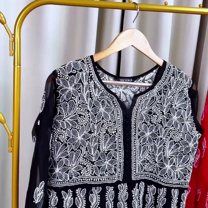 Royal Black Lucknowi Chikankari Georgette Ready-to-Wear Anarkali 