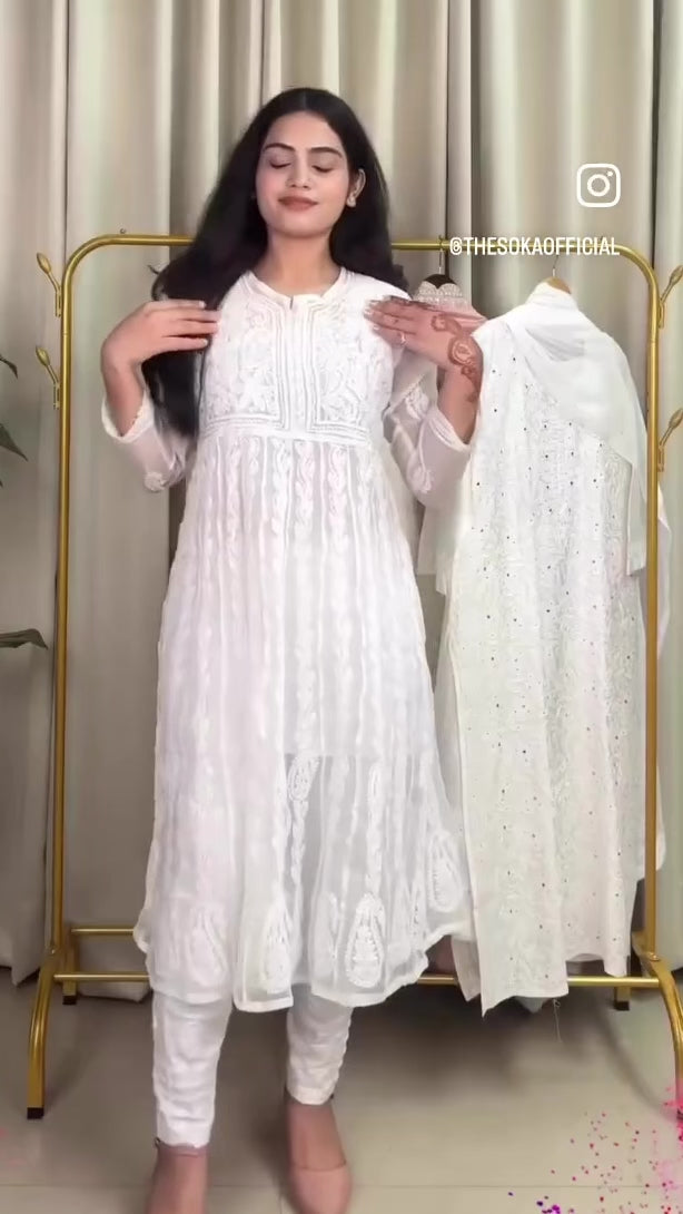 Sitara White Bloom Lucknowi Chikankari Georgette Ready-to-Wear Anarkali Top