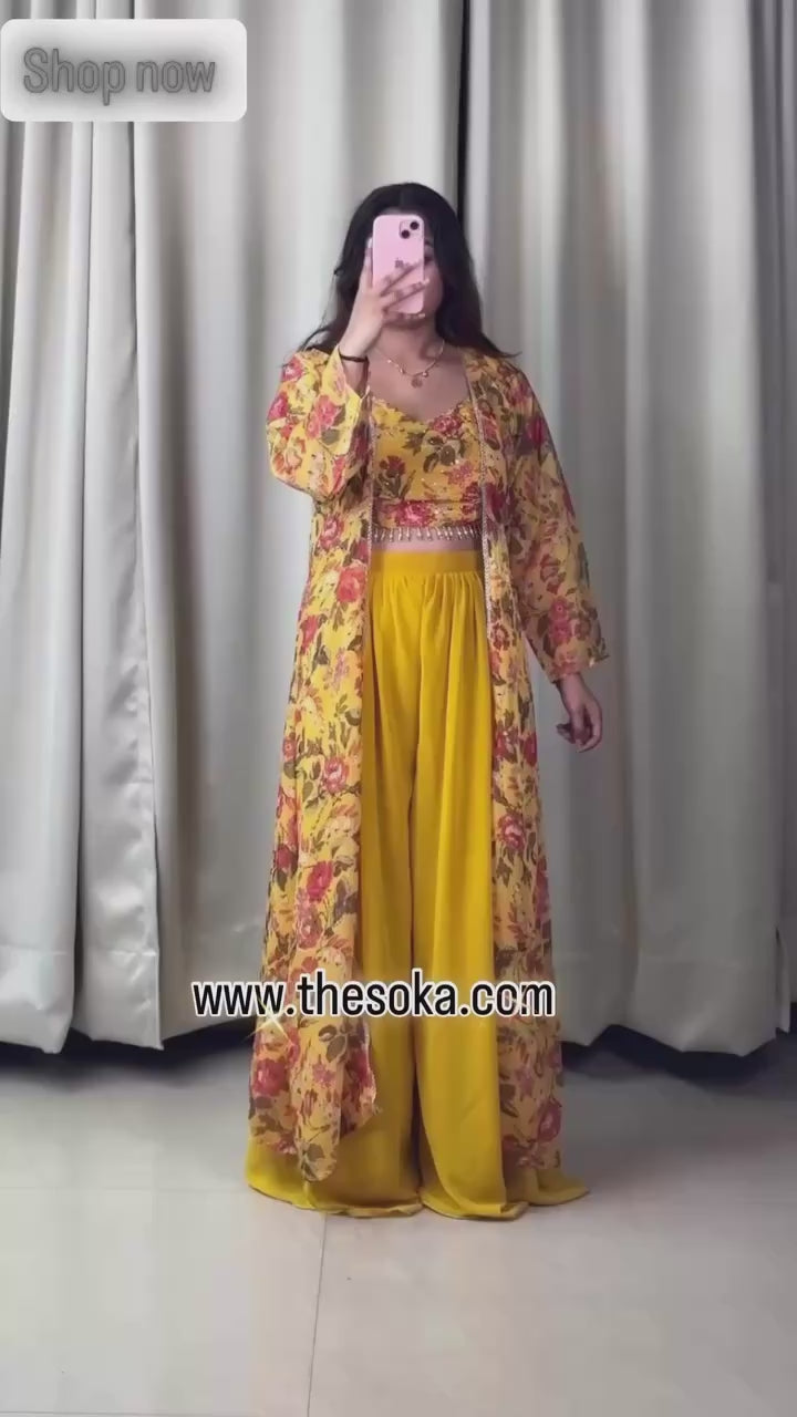 Yellow Floral Print Crop Top and Palazzo Set with Long Shrug