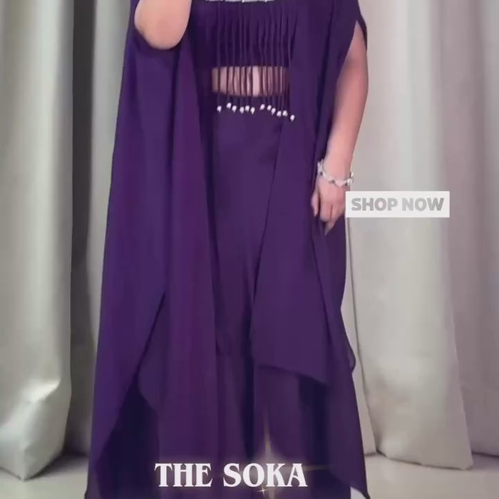 Woman wearing a purple pure chinon sharara set 