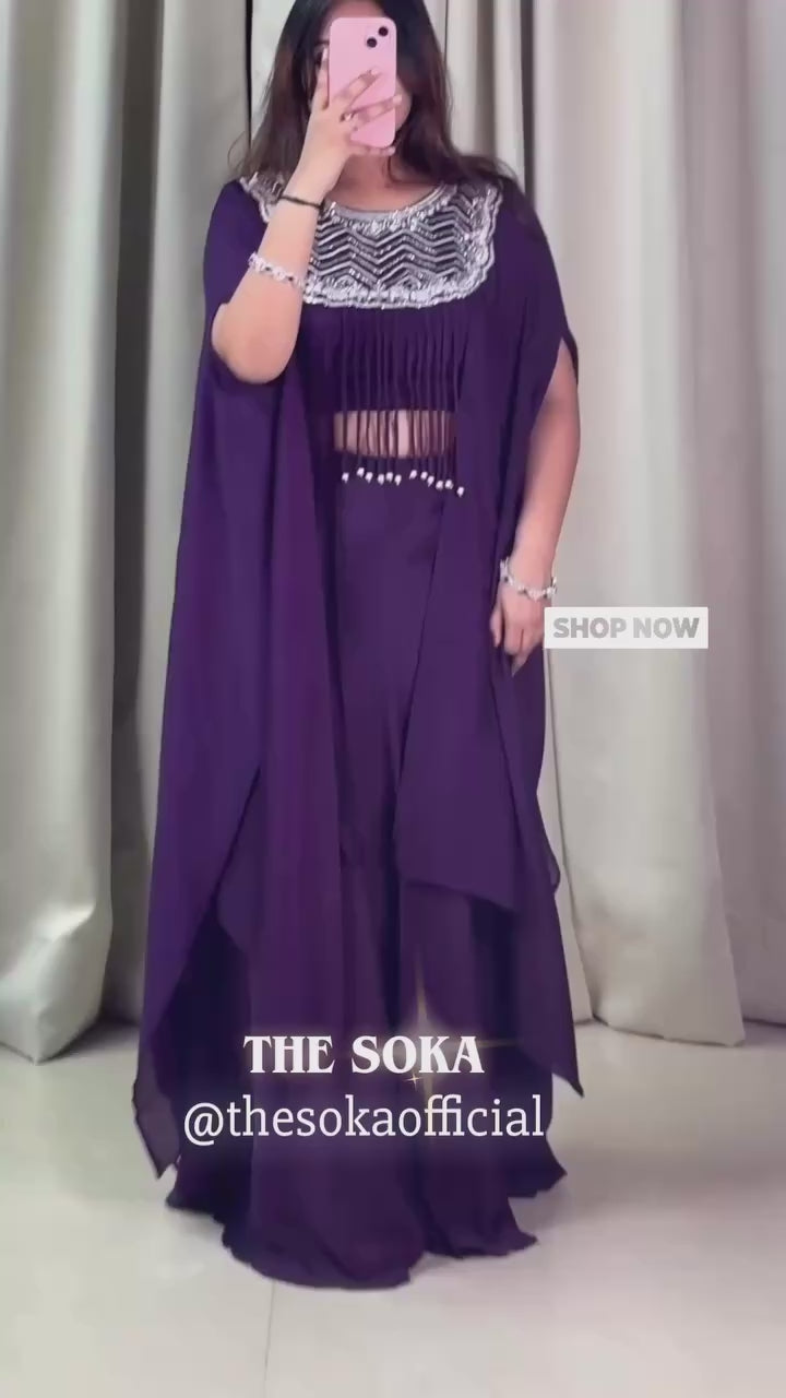 Woman wearing a purple pure chinon sharara set 