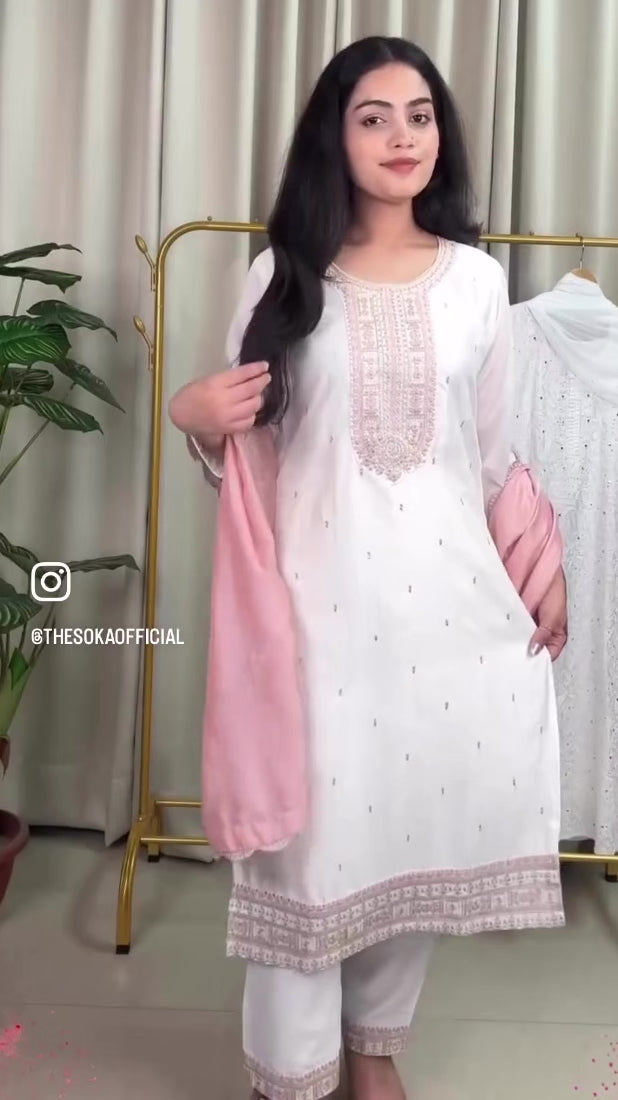 White Embroidered Handwork Kurta Set with Dupatta
