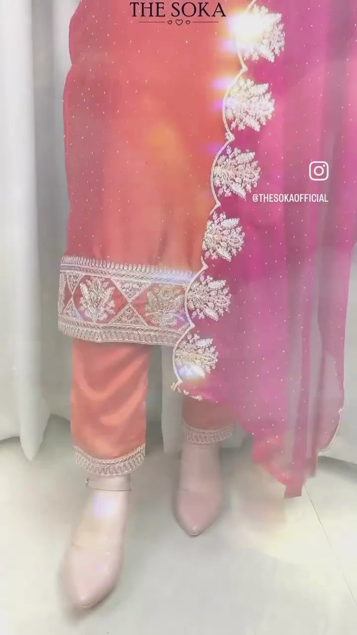 Orange Embroidered Kurta Set with Pants and Dupatta
