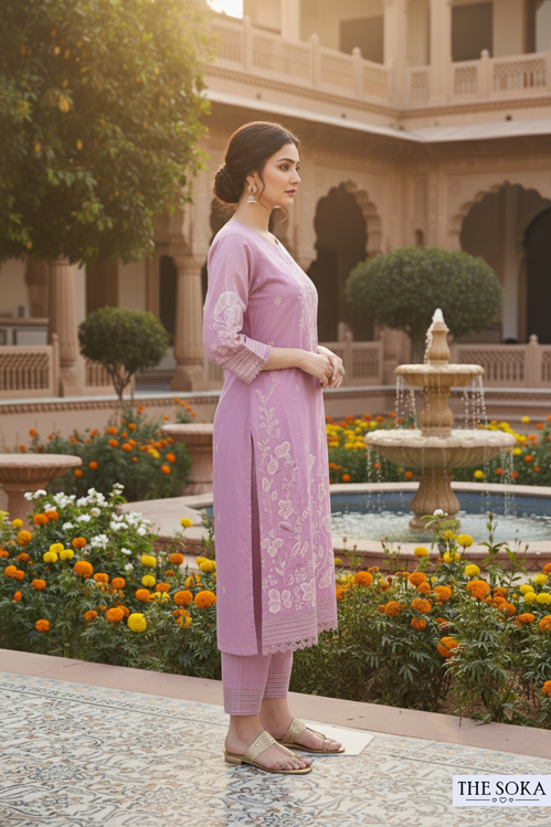 Woman in a pink traditional outfit standing in a courtyard with flowers and a fountain.