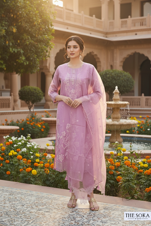 Woman in a pink traditional outfit standing in a garden with a fountain and flowers.