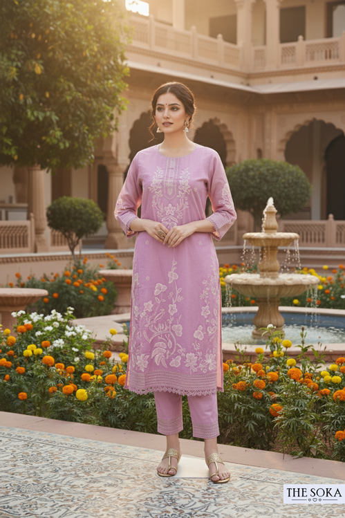 Woman in a pink traditional outfit standing in front of a fountain and garden.