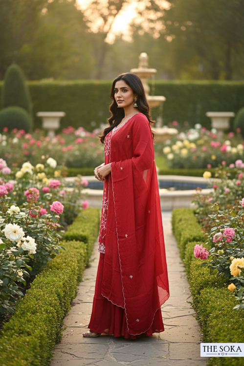 Woman in a red dress standing in a garden with flowers and a fountain.