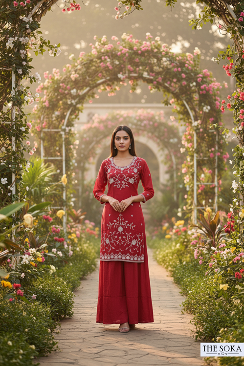 Woman in a red traditional outfit standing in a garden with floral arches.
