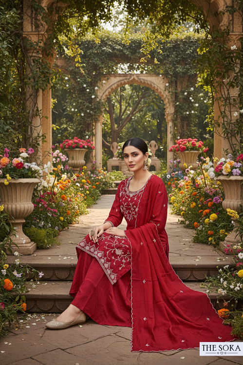 Woman in a red traditional outfit sitting in a garden with flowers and arches.