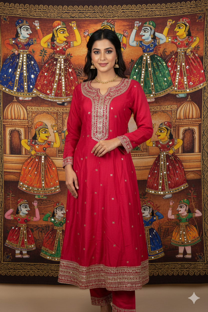 Woman in a red traditional outfit standing in front of a colorful backdrop with dancer illustrations.