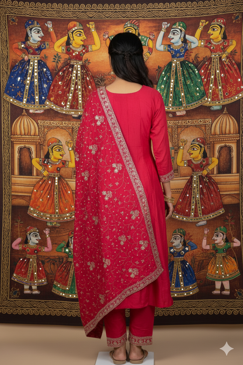 Woman in a red traditional outfit standing in front of a colorful mural of deities.