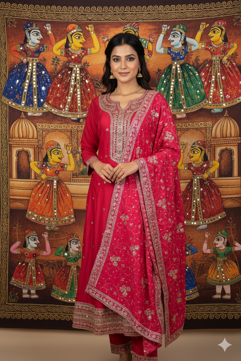 Woman in a red embroidered traditional outfit standing in front of a colorful mural.