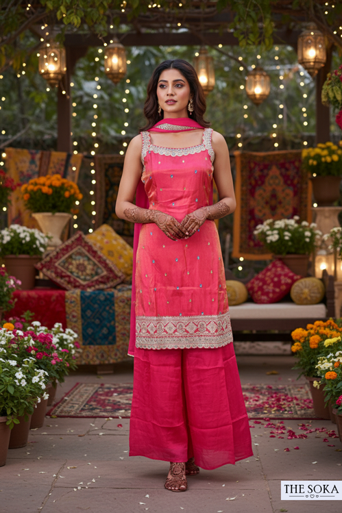 Woman in a pink traditional outfit standing in an outdoor decorated setting with flowers and lights.