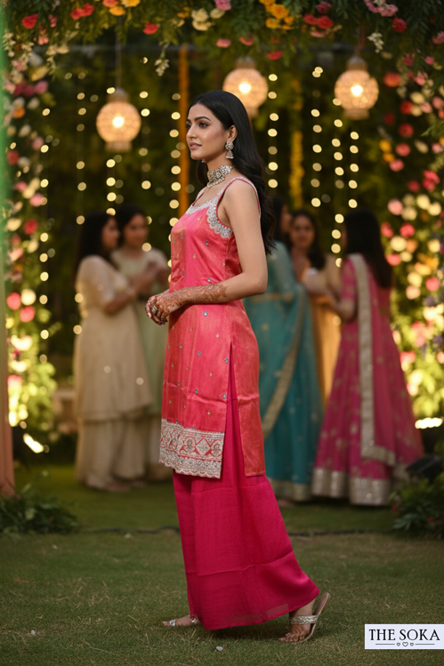 Woman in a pink saree standing in front of decorative lights and flowers