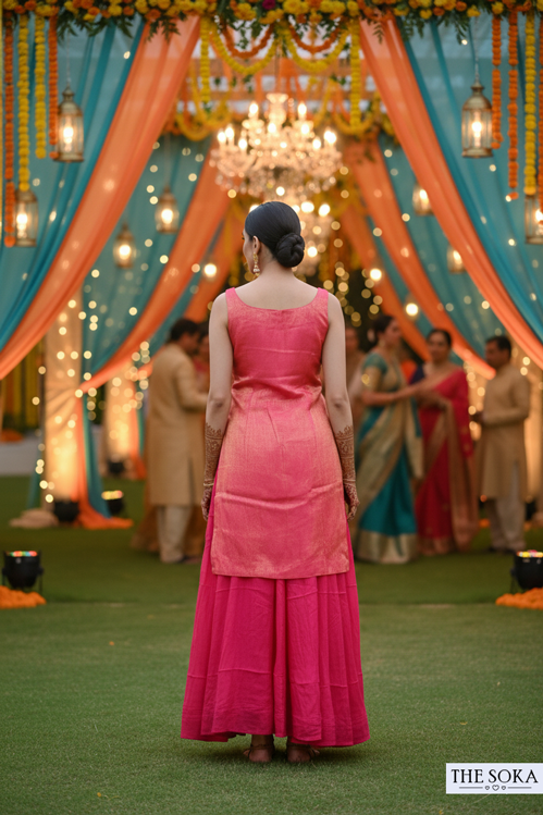 Woman in a pink traditional outfit standing in front of a decorated event space with people and lights.