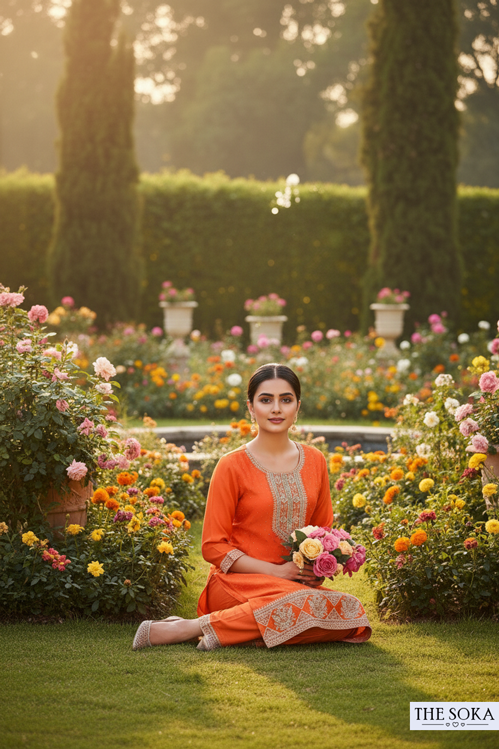 Woman in an orange traditional outfit holding flowers in a garden setting
