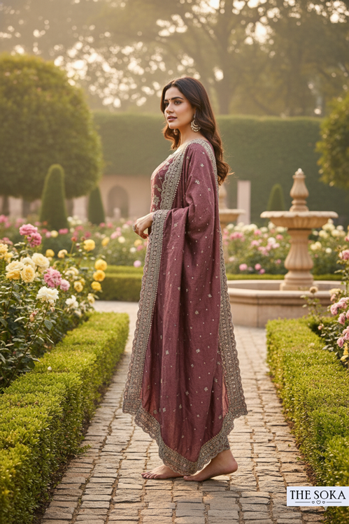 Woman in a traditional outfit standing in a garden with flowers and a fountain.