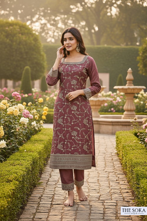 Woman in a maroon traditional outfit standing in a garden with flowers and a fountain.