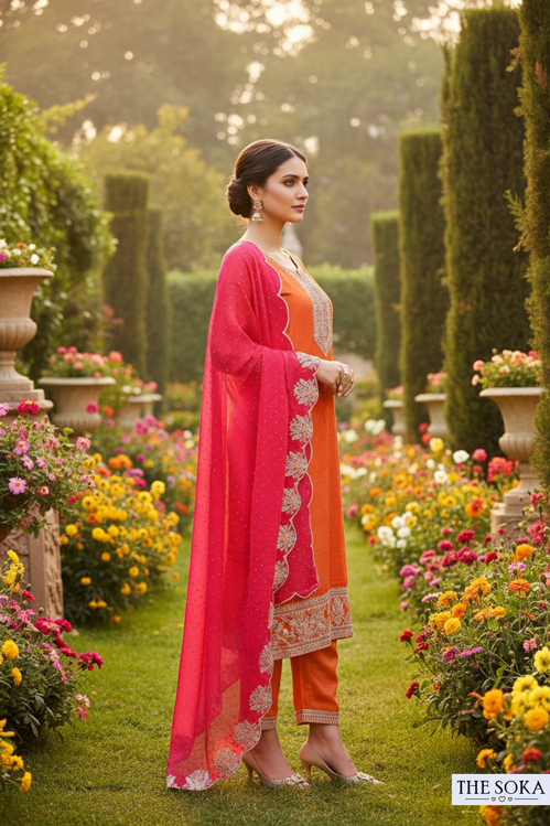 Woman in a pink and orange traditional outfit standing in a garden with flowers and greenery.