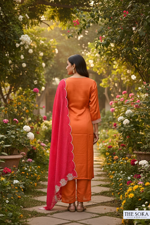 Woman in an orange outfit with a pink dupatta walking through a garden.