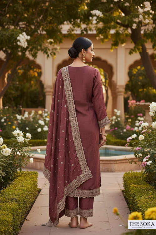 Woman in a maroon traditional outfit with a matching dupatta standing in a garden.