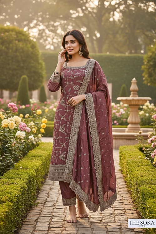 Woman in traditional maroon outfit with floral patterns in a garden setting