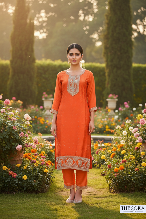 Woman in an orange traditional outfit standing in a garden with flowers and trees.