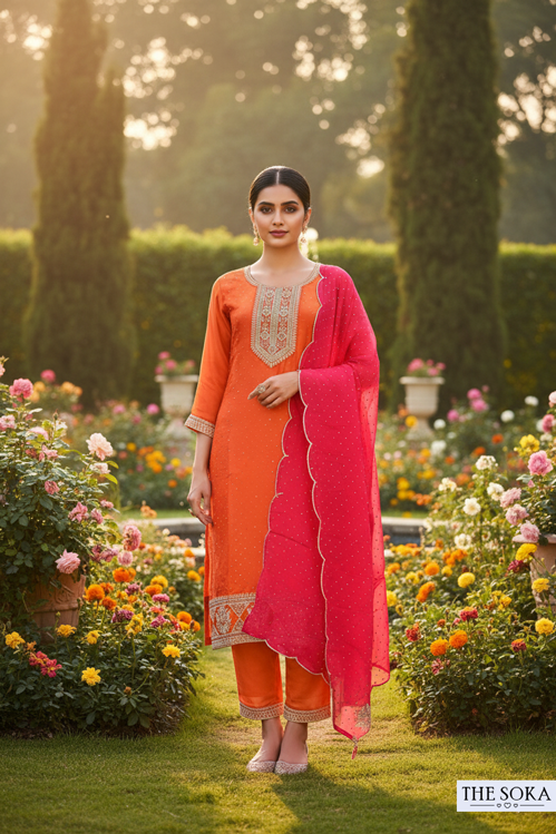 Woman in traditional orange and pink outfit standing in a garden with flowers and trees.