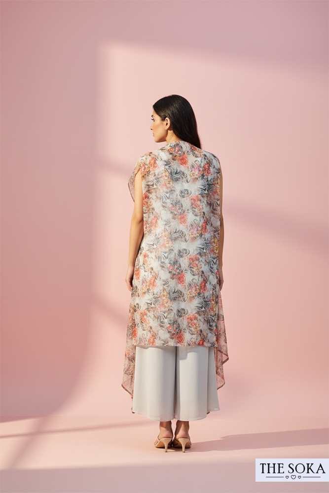 Back view of top with palazzo and shrug set for women